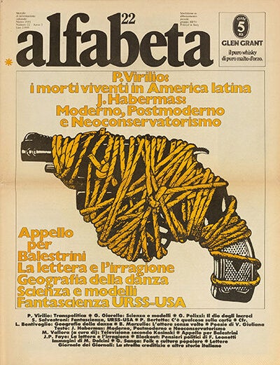 Item #55052 [IMPORTANT FORUM OF ITALIAN POSTMODERNISM AND NEO-AVANT-GARDE] Alfabeta: mensile di informazione culturale [Alphabet: a monthly of cultural information]. Nos. 1&ndash;114 in 105 issues (all published). Umberto Eco, Pier Aldo Rovatti, Francesco Leonetti, Paolo Volponi, Nanni Ballestrini, Gianni Sassi, design.