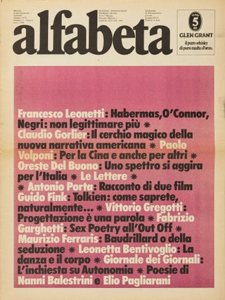[IMPORTANT FORUM OF ITALIAN POSTMODERNISM AND NEO-AVANT-GARDE] Alfabeta: mensile di informazione culturale [Alphabet: a monthly of cultural information]. Nos. 1&ndash;114 in 105 issues (all published).