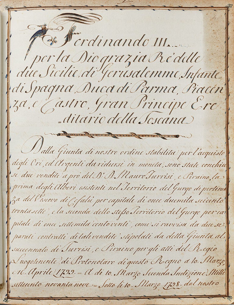 Item #55542 [SICILY &ndash; THE BOURBON MONARCHY ALIENATES ECCLESIASTICAL PROPERTY &ndash; LATE ANCIEN-REGIME SOCIAL MOBILITY] Bound volume of manuscripts documenting the alienation of ecclesiastical lands in the territory of Gorgo and Bonvicino by King Ferdinand III of Sicily, and the subsequent investiture documents for the purchaser, Mauro Turrisi et Piraino, the Baron of Gorgo and Bonvicino.