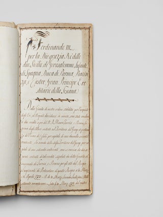 [SICILY &ndash; THE BOURBON MONARCHY ALIENATES ECCLESIASTICAL PROPERTY &ndash; LATE ANCIEN-REGIME SOCIAL MOBILITY] Bound volume of manuscripts documenting the alienation of ecclesiastical lands in the territory of Gorgo and Bonvicino by King Ferdinand III of Sicily, and the subsequent investiture documents for the purchaser, Mauro Turrisi et Piraino, the Baron of Gorgo and Bonvicino.