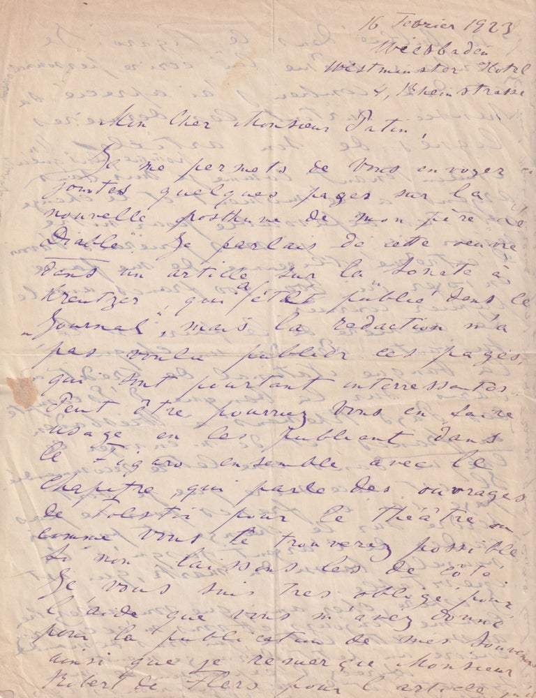 Item #P003399 [LETTERS BY TOLSTOY'S WAYWARD SON] Eight ALS by Lev L'vovich Tolstoy (1869-1945), the son of Lev Tolstoy, to Jacques Patin (1883-1948), the editor of Figaro. Lev L'vovich Tolstoy.