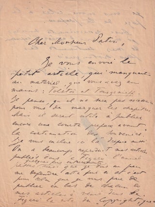 [LETTERS BY TOLSTOY'S WAYWARD SON] Eight ALS by Lev L'vovich Tolstoy (1869-1945), the son of Lev Tolstoy, to Jacques Patin (1883-1948), the editor of Figaro.