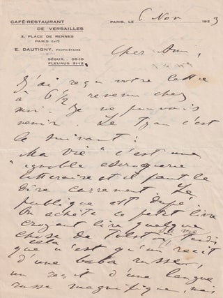 [LETTERS BY TOLSTOY'S WAYWARD SON] Eight ALS by Lev L'vovich Tolstoy (1869-1945), the son of Lev Tolstoy, to Jacques Patin (1883-1948), the editor of Figaro.