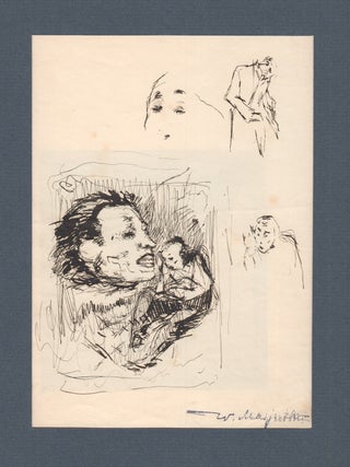 Group of five original ink and watercolor drawings, three woodcut prints, one related item and two photographs, from the estate of Vasili Masiutin (Masyutin).