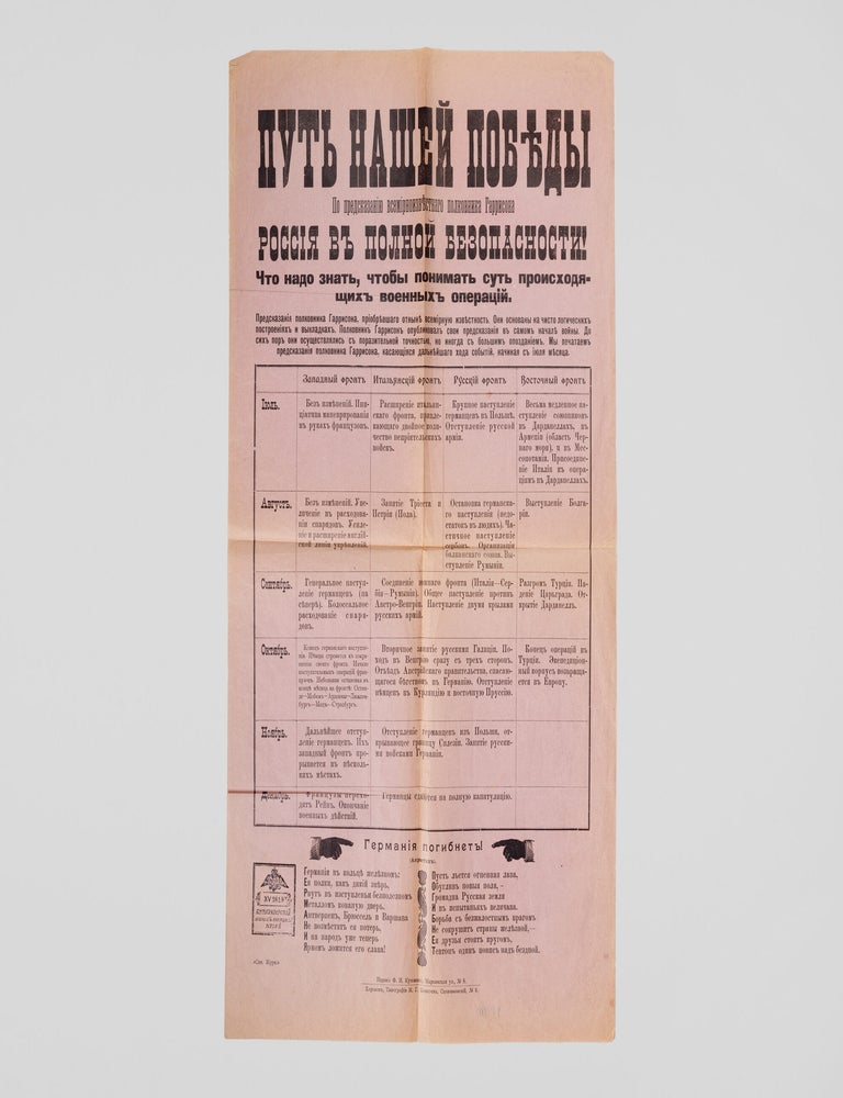 Item #P6631 [WWI POSTER PREDICTING GERMANY'S DEFEAT] Russian Anti-German WWI broadside: "Put&rsquo; Nashei Pobedy. Po predskazaniiu vsemirnoizvestnogo polkovnika Garrisona. Rossiia v polnoi bezopasnosti! Chto nado znat&rsquo; chtoby ponimat&rsquo; sut&rsquo; proiskhodiashchikh voennykh operatsii" [The path to our victory. According to the prediction of the world famous Colonel Harrison. Russia is completely safe! What you need to know to understand the essence of the ongoing military operations].